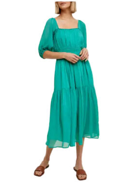 Emerald Green Boho Maxi Dress Puff Sleeve Smocked Waist Size S